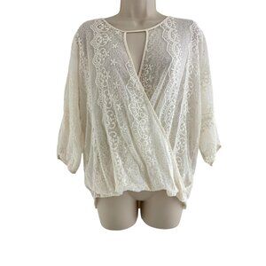 Ivory Lace Sheer Top Blouse Shirt Boho Dolman Size M Peasant Anthropologie Creme